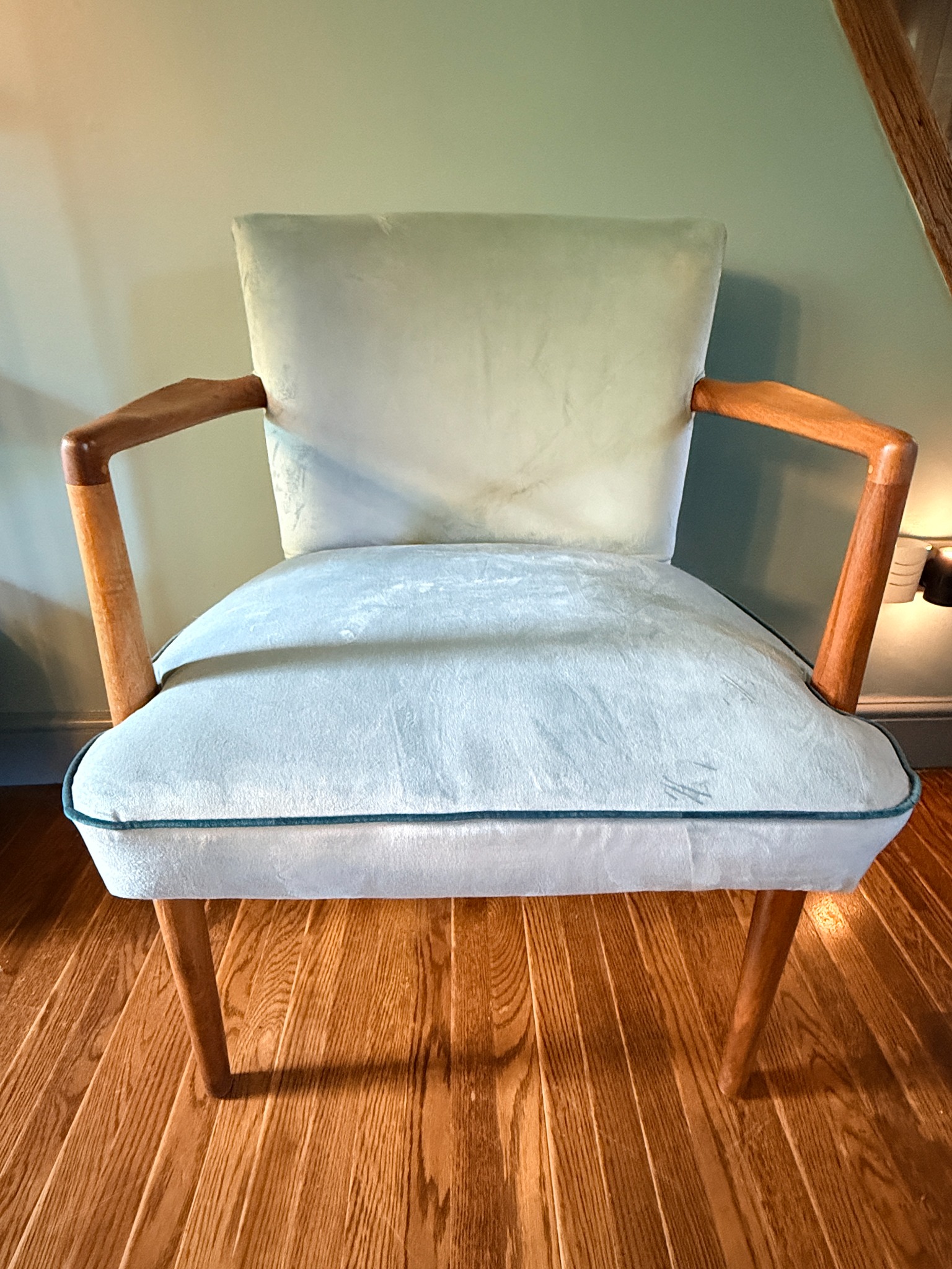 Chair after restoration in pale velvet upholstery